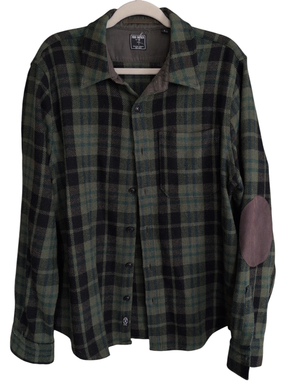 Todd Snyder Green and Black Plaid Shirt with Suede Elbow Patches